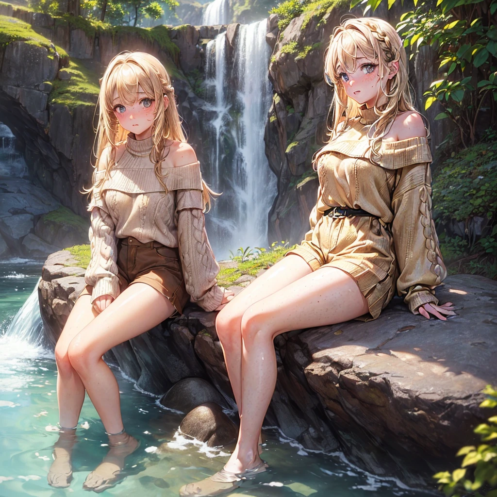 ((female, innocent eyes, brown colored eyes, soft blonde hair, alluring look, sitting on rock in foreground waterfall in background, freckles, brown off the shoulder sweater, loose white shorts, blushing))