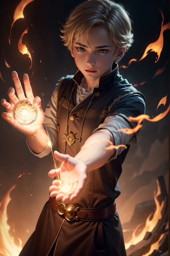 An enchanting image of a boy casting a magic spell, with the magic circle visible at the tip of fingers while casting, facing towards the viewer, glowing with powerful aura of fire with read color color scheme, shows the magic caster eyes with etheral light, a mist in his background, with a beautiful scene in the background, cinematic lighting, dramatic lighting, super detailed, hyper detail.