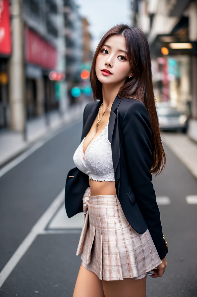 a 19 year old girl, she is the most beautiful actress in the world, the perfect body proportions of this girl, her large breasts within the formal shirt are clothed by the blazer that's closed to hide her navel area, the panties between her bare legs are hardly hidden by the short skirt, it's just front of her body in this photo, there are just no space of this photo above her head and below her shins, she is standing straight at the street, nsfw, best quality, highly detailed, masterpiece, ultra high res, photo realistic, 8k, RAW photo