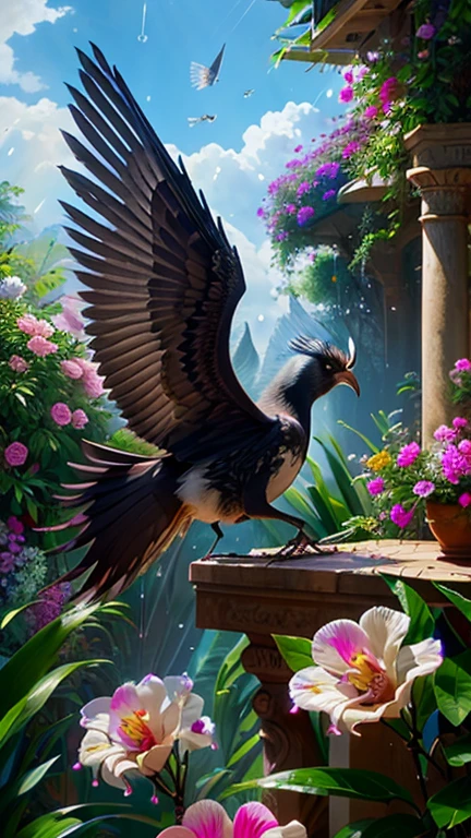 fantastic beautiful animal with wings, raindrops, art, time, macro, surrounded by beauty, feathers, roses, orchids, flower garden, sand, focus, high detail, art, fantastic, sci-fi, hdr+, feathers, clouds, high detail, panoramic view, painting, high hyper sensitivity, art, hdr+, Viktor Myalkovsky style, sci-fi