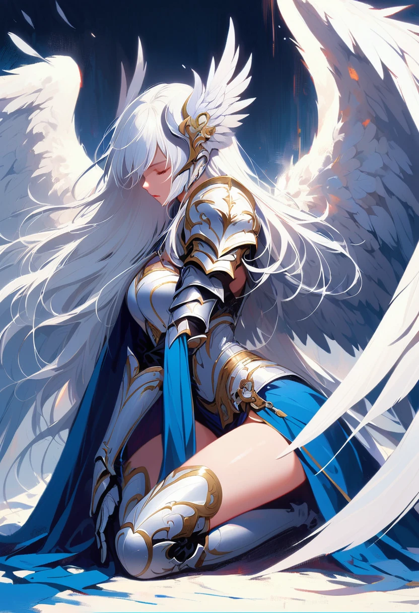 1girl angel angel_wings armor feathers_Long wing feathers_Hair Shoulder Armor Shoulder_Armor single piece_Upper wing separation_The body is white_Theme blue_Wings Wings