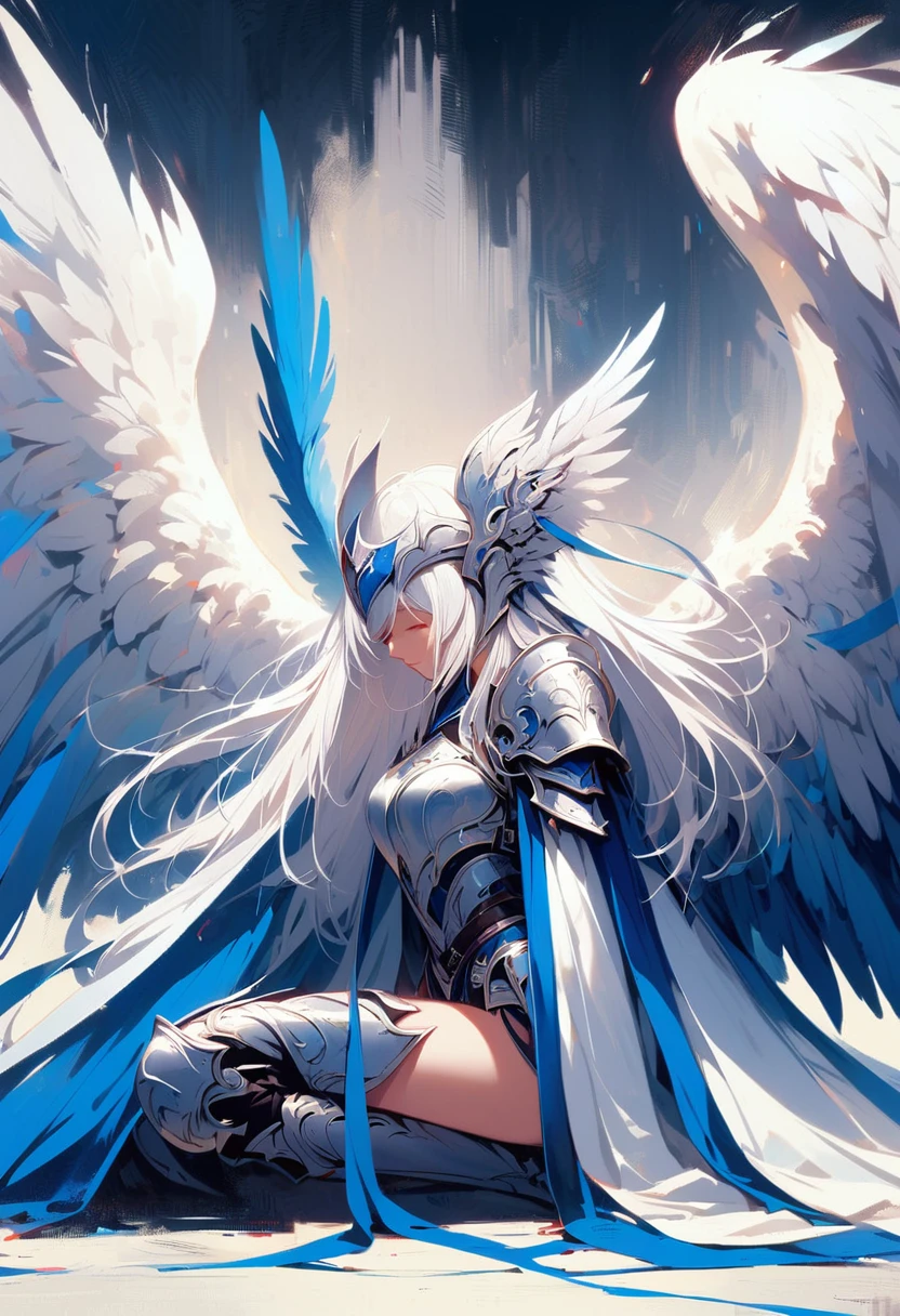 1girl angel angel_wings armor feathers_Long wing feathers_Hair Shoulder Armor Shoulder_Armor single piece_Upper wing separation_The body is white_Theme blue_Wings Wings