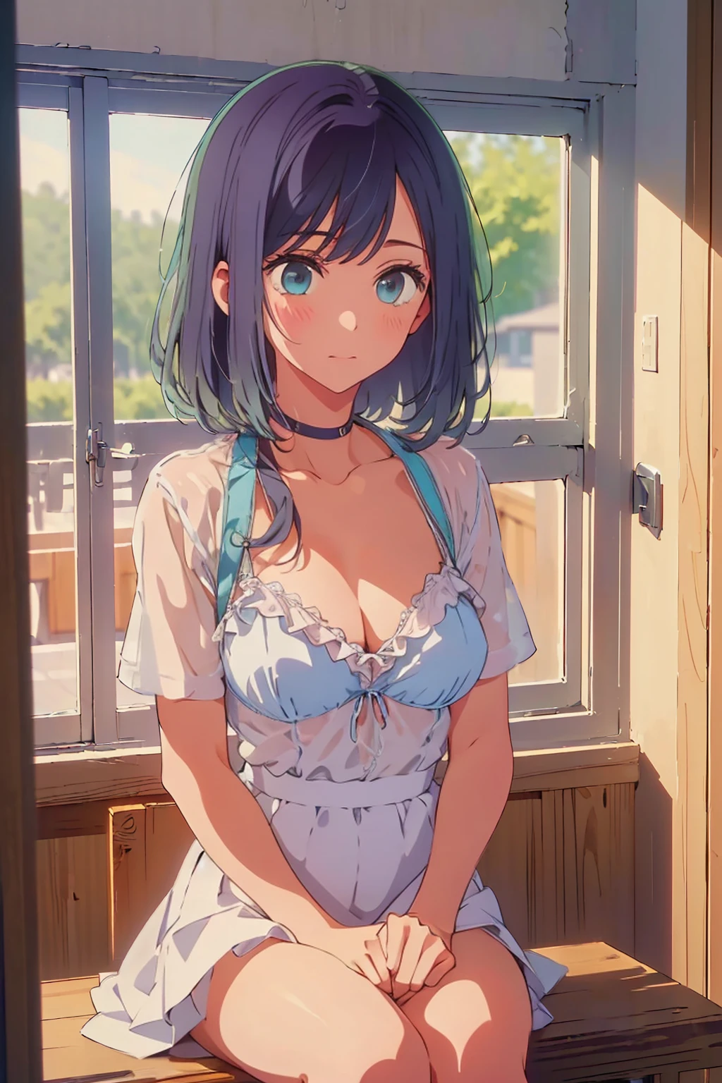 (Highest quality:1.4、masterpiece:1.4、Super detailed:1.4、8K:1.4)、((((Very soft looking breasts))))、bikini、F cup bust、Medium breast、sit