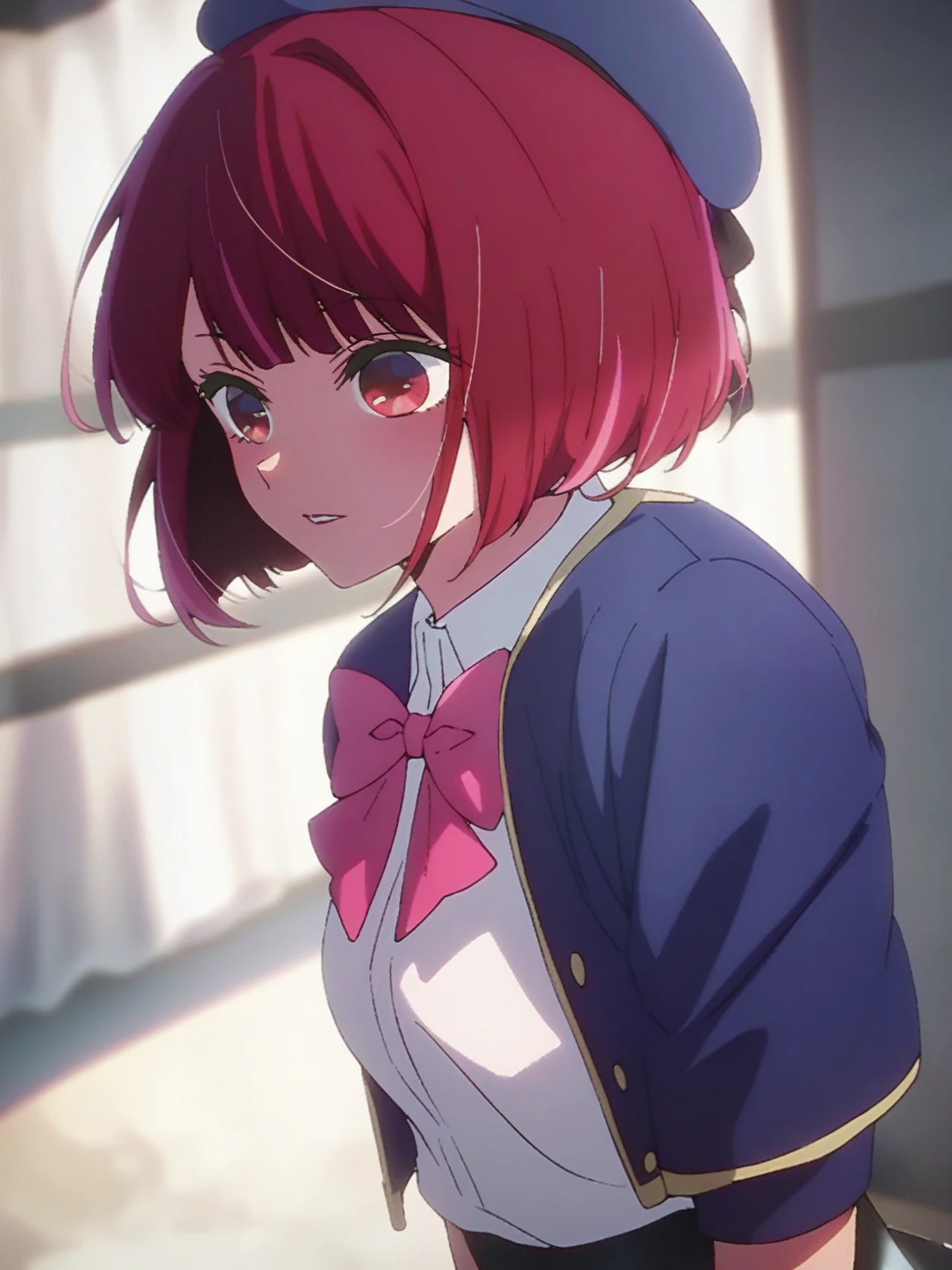 1girl, arimakana, red hair, short hair, red eyes, bob cut,
 hat, , white shirt, blue jacket, pink bow, black corset, white skirt, cropped jacket, BREAK