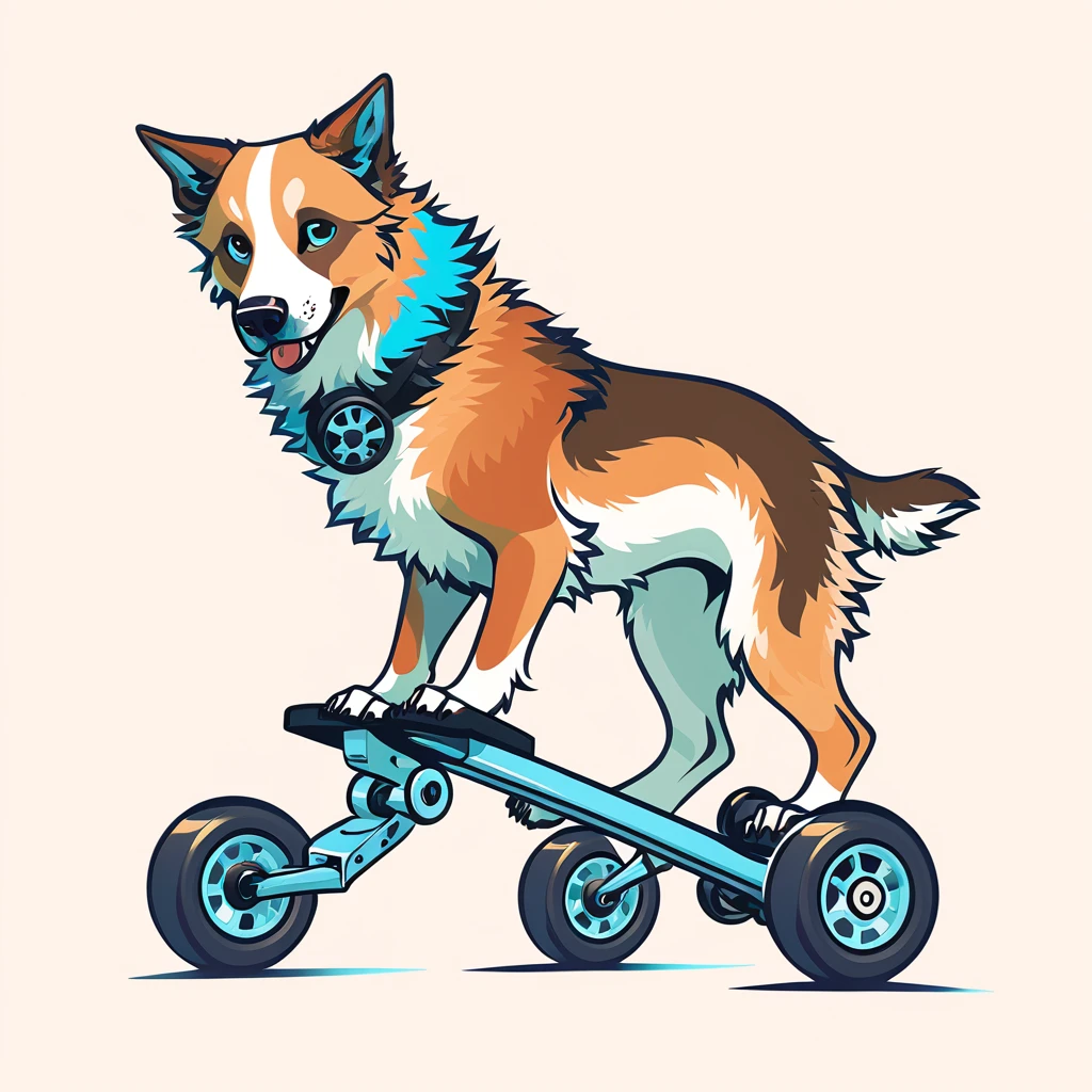 dog with wheels for feet in biological illustration art style