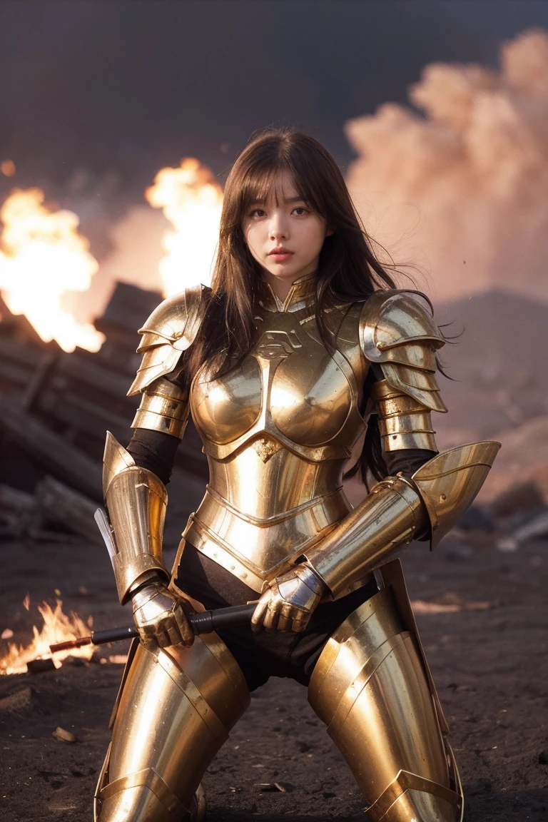 (Masterpiece), (Best Quality), (1 Girl), Girl in Golden Armor, Cool Pose, Battlefield Background, Fire Background, Saint Seiya Armor, Messy Hair, Broken Armor, Ragged Clothes