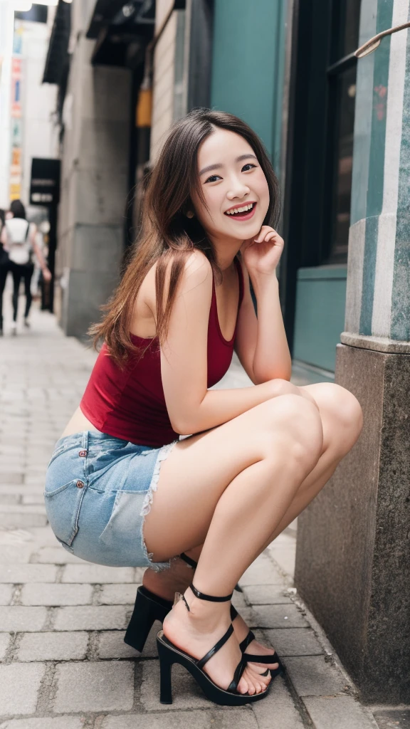 Photos taken by a professional photographer，Laughter:1.5，Close-up of a 21-year-old Japanese woman squatting on the sidewalk, Wearing a tank top, Brown long hair, My hair is messy，Young and pretty girl, Wear distressed denim shorts:1.5，Wearing sandals，Flashy makeup using red eyeshadow，I can see your beautiful thighs，Crouch down facing forward，