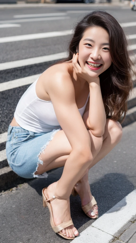 Photos taken by a professional photographer，Laughter:1.5，Close-up of a 21-year-old Japanese woman squatting on the sidewalk, Wearing a tank top, Brown long hair, My hair is messy，Young and pretty girl, Wear distressed denim shorts:1.5，Wearing sandals，Flashy makeup using red eyeshadow，I can see your beautiful thighs，Crouch down facing forward，