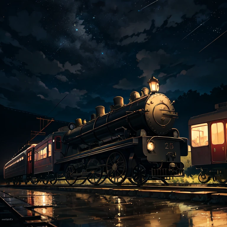 masterpiece, Animated train passing through water on the tracks, Bright starry sky. Romantic Train, Photo by Makoto Shinkai, Pixiv, Concept Art, Lofi Art style, reflection. by Makoto Shinkai, Lofi Art, Beautiful anime scene, Anime scenery, Detailed Landscape — Width 672, in Makoto Shinkai's Style, Makoto Shinkai's Style, Enhanced Details.