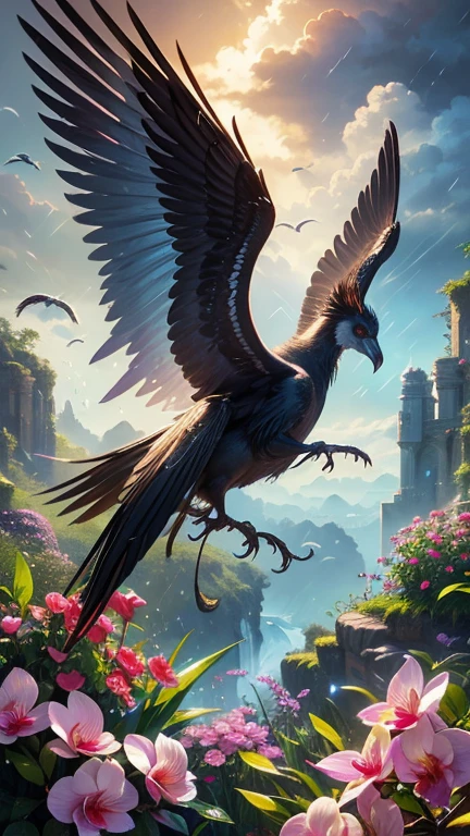 fantastic beautiful animal with wings, raindrops, art, time, macro, surrounded by beauty, feathers, roses, orchids, flower garden, sand, focus, high detail, art, fantastic, sci-fi, hdr+, feathers, clouds, high detail, panoramic view, painting, high hyper sensitivity, art, hdr+, Viktor Myalkovsky style, sci-fi