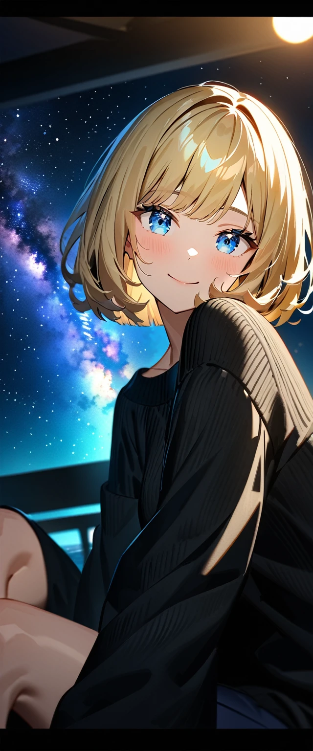 ((leaning forward)), (((focus on face))), ((extreme close up face)), (((a beautiful starry sky, the Milky Way shining beautifully in the night))), ((Aran sweater)), ((((from side)))), ((sitting on the very high cliff)), wavy hair, inward curled hair, sea, ((blond hair, bob cut:1.3)), breasts, teenager, (looking at viewer), oversized clothes, puffy long sleeves, ((off-shoulder sweater:1.3, Quite thick shoulder straps)), ((black sweater)), collarbone, head tilt:1.3, (((blue eyes))), happy smile, (((anime style))), (best quality, 4K, 8K, highres, masterpiece:1.2, ultra-detailed, ultra-detailed eyes, HDR, uhd, studio lighting, ultra-fine painting, sharp focus, physically-based rendering, extreme detail description, professional, vivid colors, bokeh)