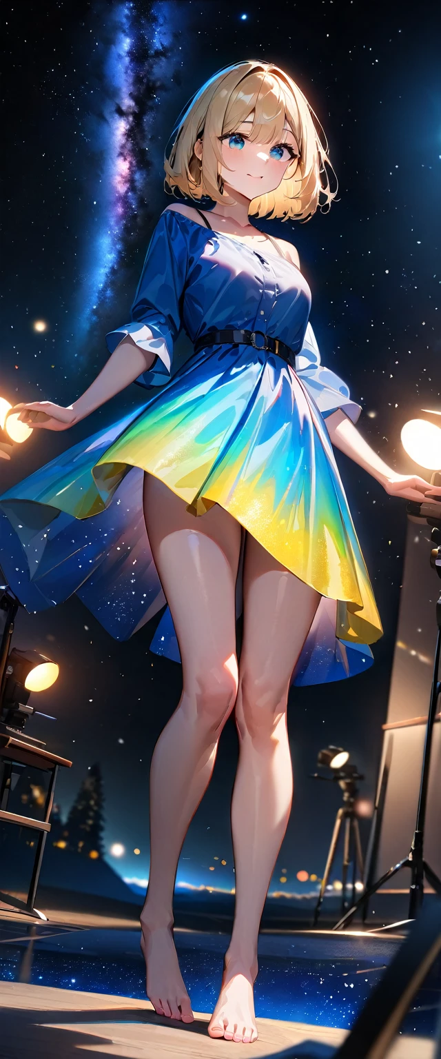 (((A big star dancing in the night sky, countless stars twinkling in the clear air, a beautiful starry sky, the Milky Way shining beautifully in the night))), mountain, wide shot, a girl, bob cut, bare legs, bare foot, blond hair, (best quality, 4K, 8K, highres, masterpiece:1.2, ultra-detailed, HDR, uhd, studio lighting, ultra-fine painting, sharp focus, physically-based rendering, extreme detail description, professional, vivid colors, bokeh)