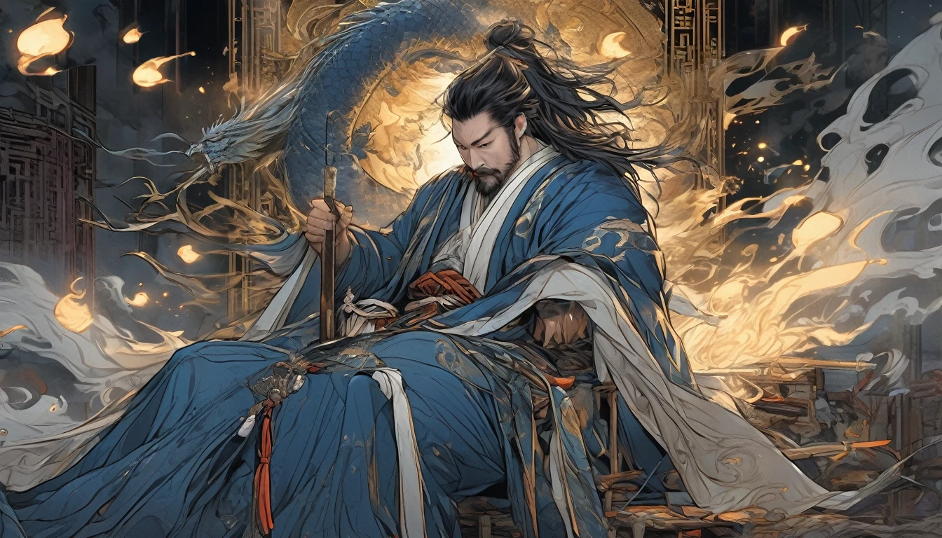 Line art drawing comic a perfect handsome male, Clear Face, Small man in his 40s, Small, Hanfu, beard, ((whole body)), Fine grain,villain, Detailed face,Perfect hand-crafted detail,Grab a brush,Dark Background,darkness,Throne,
cast (unfathomable,Bamboo Flooring,Dragon Fire Glass Panel Brownian Motion,Diagonal lines,Zenith angle,Dust storm,Superfluid,ball,oval ,Flowing magic:1.0)| Wizard, (Vibrant,Illuminate,Enthusiast,cycle,dark blue,Chrome Yellow Arcanum,Dazzling,shine ,liquid crystal,Space dust,Teleport,The Magic of Dashed Lines:1.0) Purification spell, Trace the symbol on the parchment with a quill, Precisely craft a spell, Astral Sparkle, Simple Positive XLv1, Ultra-high resolution, wallpaper, 8K,Richly textured details, Elevation, A magnificent composition, . graphic illustration, Comic art, graphic novel art, Vibrant, Very detailed . Professional, Sophisticated, Modern, Minimalist, graphic, Line art, vector graphics