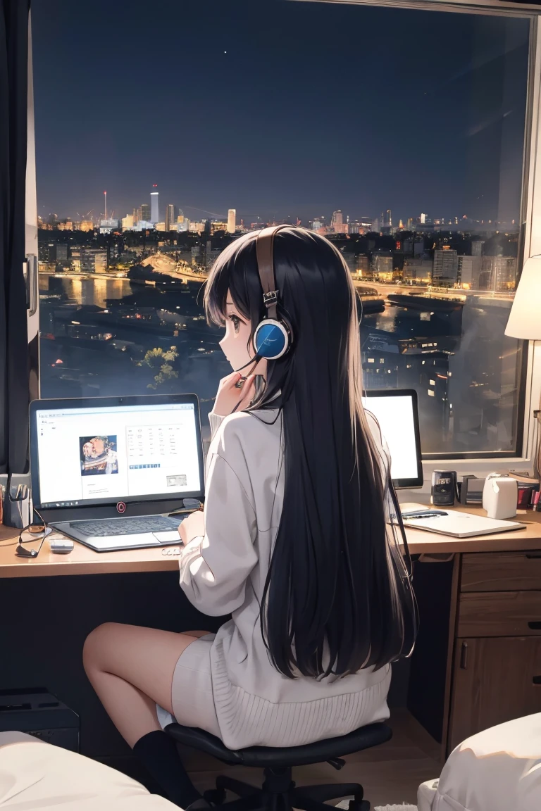 "Anime girl sitting in front of computer in cozy bedroom (seen from behind), girl listening to music with headphones in cozy room at night, girl enjoying beautiful Tokyo night view from window, room decorated with Alfa Romeo miniature cars. Enjoying watching an Alfa Romeo 4C on a computer monitor, 2D animation style, 90s anime aesthetic, lo-fi, high detail, with hard disk, mix of anime style and Fujifilm, hyperrealistic, 8K, masterpiece."