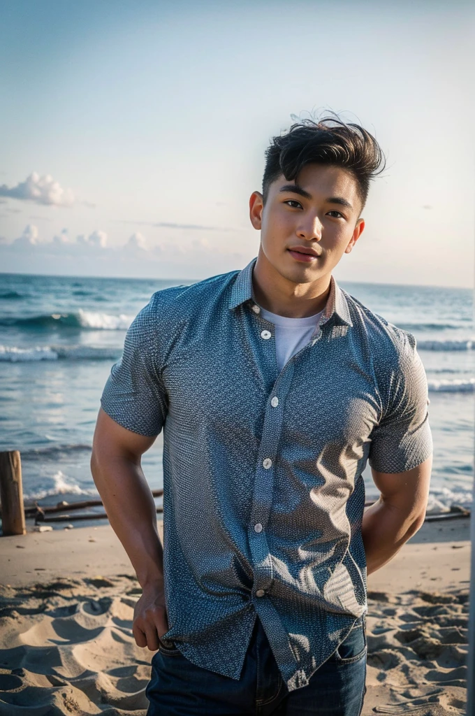 A young Asian man with large muscles looks at the camera. In a white button-down shirt , seaside beach sunshine looking at the sky