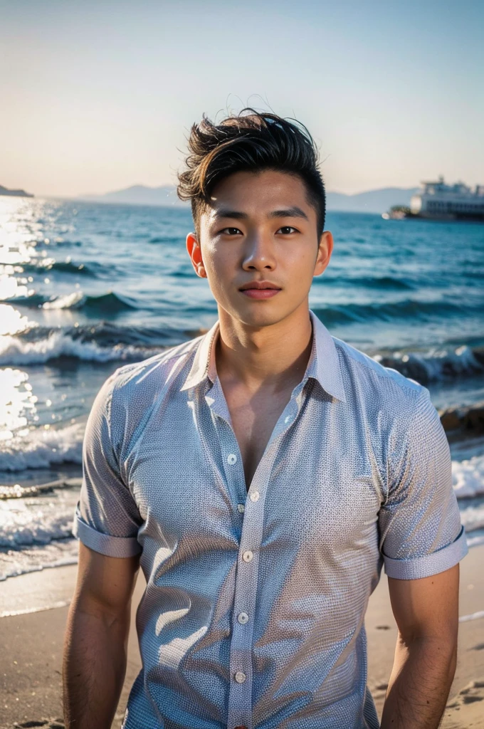 A young Asian man with large muscles looks at the camera. In a white button-down shirt , seaside beach sunshine looking at the sky