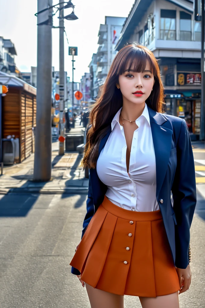 a 19 year old girl, she is the most beautiful actress in the world, the perfect body proportions of this girl, her large breasts within the formal shirt are clothed by the blazer that's closed to hide her navel area, the panties between her bare legs are hardly hidden by the short skirt, it's just front of her body in this photo, there are just no space of this photo above her head and below her shins, she is standing straight at the street, nsfw, best quality, highly detailed, masterpiece, ultra high res, photo realistic, 8k, RAW photo