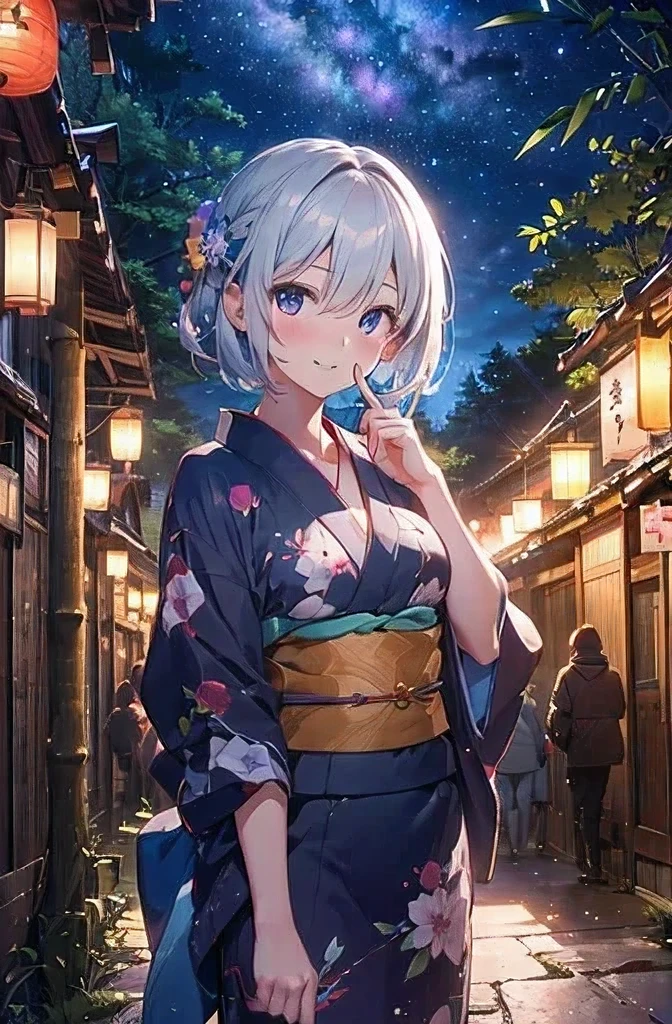 high resolution, (incredibly absurdres:1.1), (hires.fix:1.3), extremely detailed CG unity 8k wallpaper, BREAK girl, cleavage, gorgeous yukata, scenic print, silver hair, bob cut, bang between eyes, silver eyes, (big breasts:0.9),17 years old, smile, embarrassed, parted lips, looking at viewer, happy, finger to mouth, BREAK
(magnificent panorama view, tanabata, Weaver Festival, bamboo_forest, milky way, night view:1.1), wide shot, depth of view, string of papers,