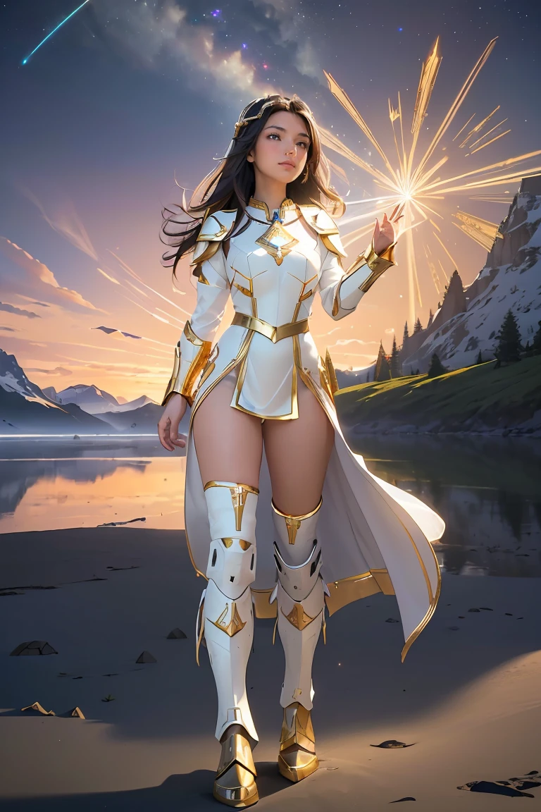 ((masterpiece, best quality, extremely detailed), volumetric lighting, ambient occlusion, colorful, glowing), 1girl, solo, young girl, (dark hair), long hair, halo, aura, sacred, goddess, cleric suit, (white outfit with gold detailst:1.3), armor, outdoors, sunset, sky, clouds, space, (fantasy theme:1.2), full body armor