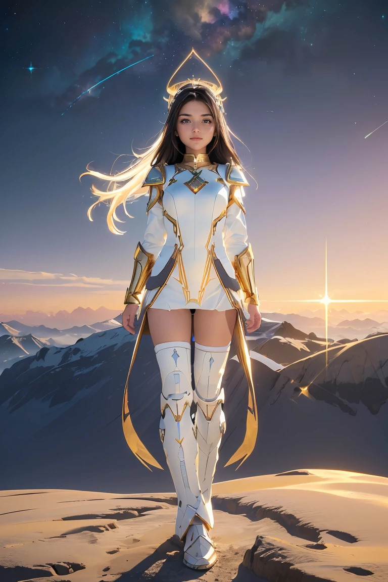 ((masterpiece, best quality, extremely detailed), volumetric lighting, ambient occlusion, colorful, glowing), 1girl, solo, young girl, (dark hair), long hair, halo, aura, sacred, goddess, cleric suit, (white outfit with gold detailst:1.3), armor, outdoors, sunset, sky, clouds, space, (fantasy theme:1.2), full body armor