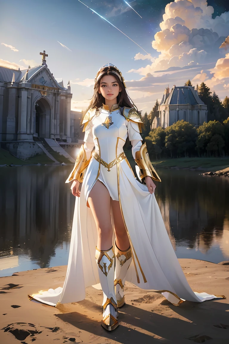 ((masterpiece, best quality, extremely detailed), volumetric lighting, ambient occlusion, colorful, glowing), 1girl, solo, young girl, (dark hair), long hair, halo, aura, sacred, goddess, cleric suit, (white outfit with gold detailst:1.3), armor, outdoors, sunset, sky, clouds, space, (fantasy theme:1.2), full body armor