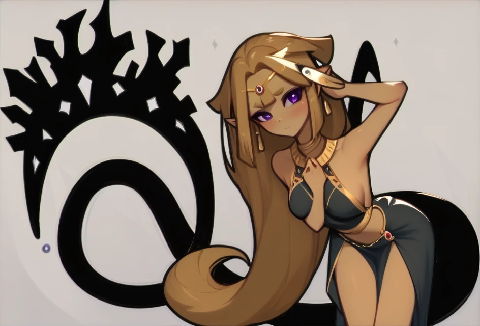 Sexy anime girl with light brown skin, medium breasts, purple eyes, yong adult age, and a long black tail, she also uses a black dress, having only two black bands of the dress covering her breasts.