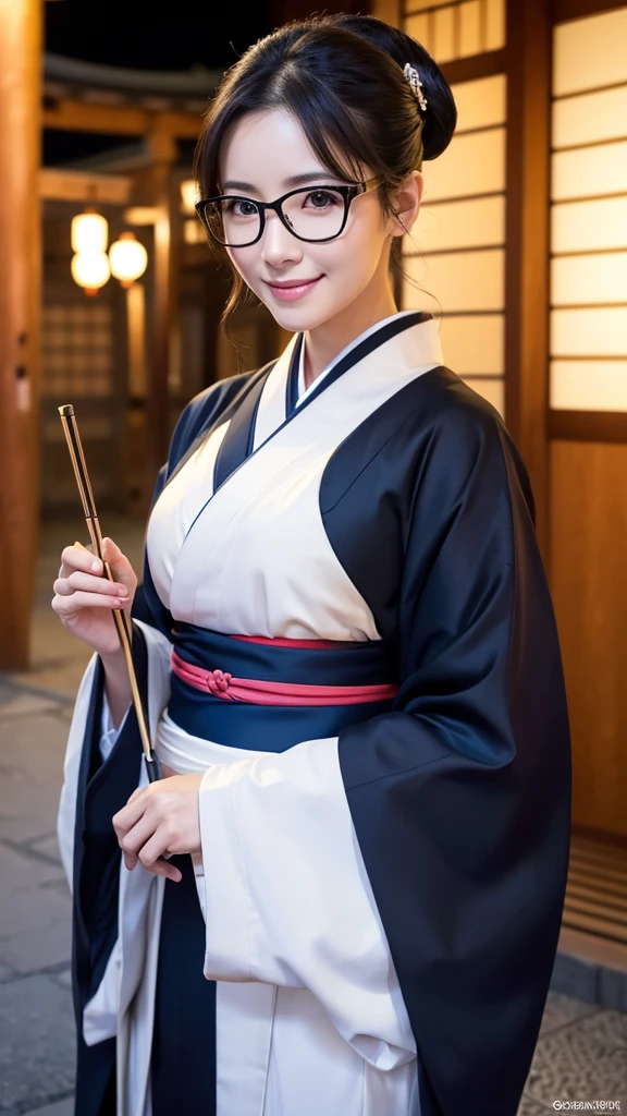 (Super beautiful woman in kimono)、((highest quality、8K masterpiece:1.3))、sharp focus:1.2、(super beautiful face:1.0)、(shiny skin:1.0)、realistic pictures、black hair、video lighting、High resolution eyes and face、video lighting、japanese actress、from the front、big breasts、with a happy smile、Slender abs beauty、whole body、wearing a kimono、in Kyoto、(((luxury obi)))、In Kyoto at night、wearing glasses with no edge、with a fan