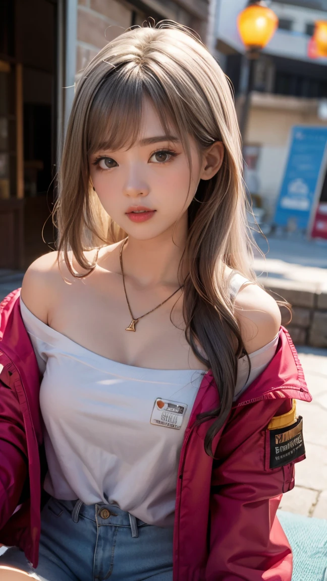 (masterpiece), (best quality), (ultra detailed),(illustration), (1girl),looking at viewer, (interview),beautiful detailed eyes, delicate beautiful face, Floating,(high saturation),(shining), large breast, frimadef, grey hair, white shirt, red jacket, fur trim, open clothes, off shoulder, black pants, torn pants, necklace, sleep mask, smiled