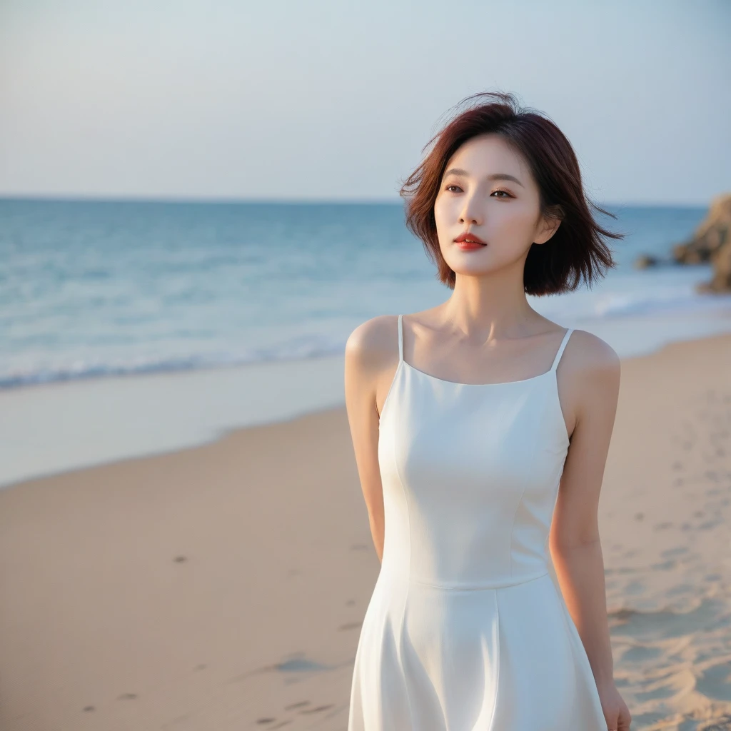 Full body photo of a beautiful 46-year-old Korean woman, Chest size 34 inches, Wear a rolled-up sleeveless top, light and pale white skirt, sunset red light on the beach,afterglow of the sea beach beach sunset red sun,A strong lingering scent is reflected in the sea., Beautiful 46-year-old short Korean woman, Short medium hair blowing in the wind,Full-body photo taken from afar with a wide-angle lens, The background of the waves is clean and perfect.., waves moved by the wind, best high definition