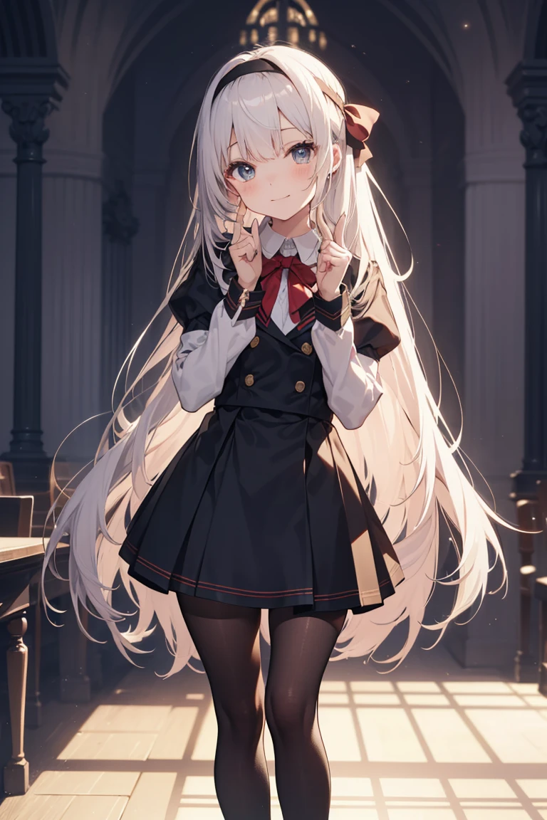 ((4K、8K、quality、Perfect Finger: 1.Perfect anatomy: 1.3、The background is blurred out))、(Transform the sequence)、((a beautiful slender girl、Shy Laughter、Cute big droopy eyes、Long straight hair with sides facing up、12year old girl、Small bust uniform tights、longer sleeves、Ornately decorated headband))、(high legs)、Permanent、Full body depiction、wide wide shot、In the noble hall、