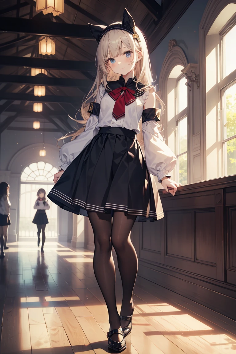 ((4K、8K、quality、Perfect Finger: 1.Perfect anatomy: 1.3、The background is blurred out))、(Transform the sequence)、((a beautiful slender girl、Shy Laughter、Cute big droopy eyes、Long straight hair with sides facing up、ar old girl、Small bust uniform tights、longer sleeves、Ornately decorated headband))、(high legs)、Permanent、Full body depiction、wide wide shot、In the noble hall、