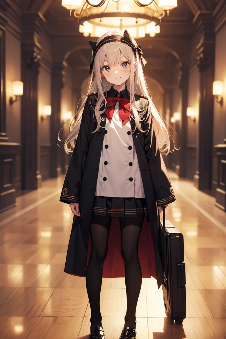 ((4K、8K、quality、Perfect Finger: 1.Perfect anatomy: 1.3、The background is blurred out))、(Transform the sequence)、((a beautiful slender girl、Shy Laughter、Cute big droopy eyes、Long straight hair with sides facing up、12year old girl、Small bust uniform tights、longer sleeves、Ornately decorated headband))、(high legs)、Permanent、Full body depiction、wide wide shot、In the noble hall、