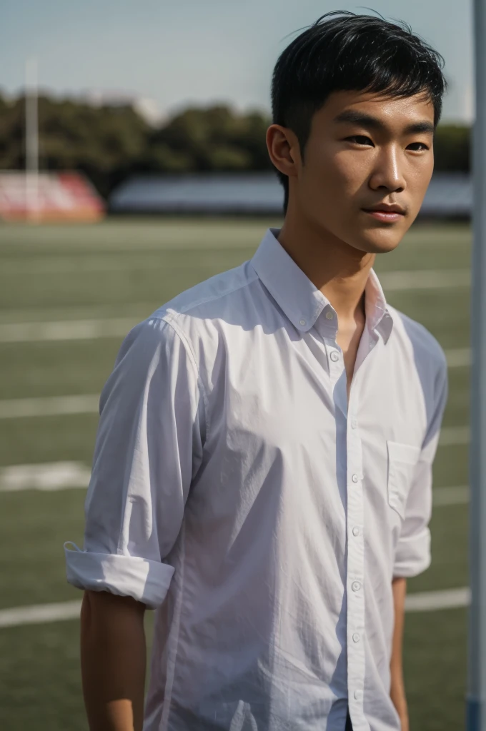 young asian man looking at camera In a white button-down shirt , Fieldside, beach, sunlight, looking at the football field