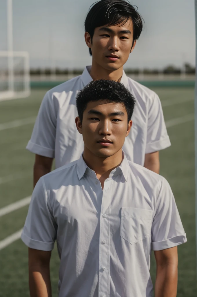 young asian man looking at camera In a white button-down shirt , Fieldside, beach, sunlight, looking at the football field