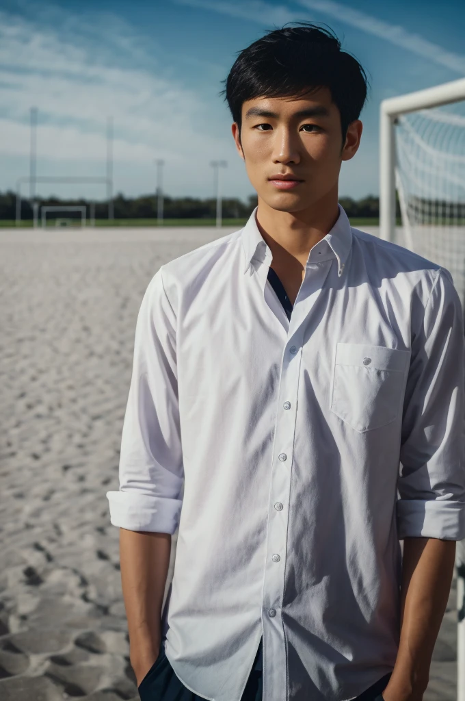 young asian man looking at camera In a white button-down shirt , Fieldside, beach, sunlight, looking at the football field