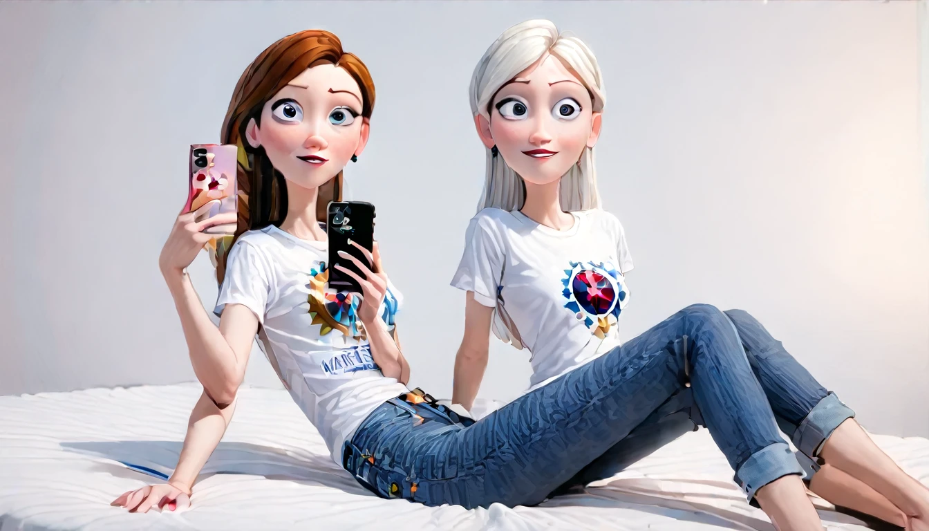 ((masterpiece, best quality)), award winning, 4k, 8k, simple background, photography, visible face, (one girl), 20 years old, age girl with a cheerful and playful demeanor. She has long, straight hair, a simple white plain t-shirt and denim. sitting in bed, taking selfie with Iphone attentively. Pixar Character.