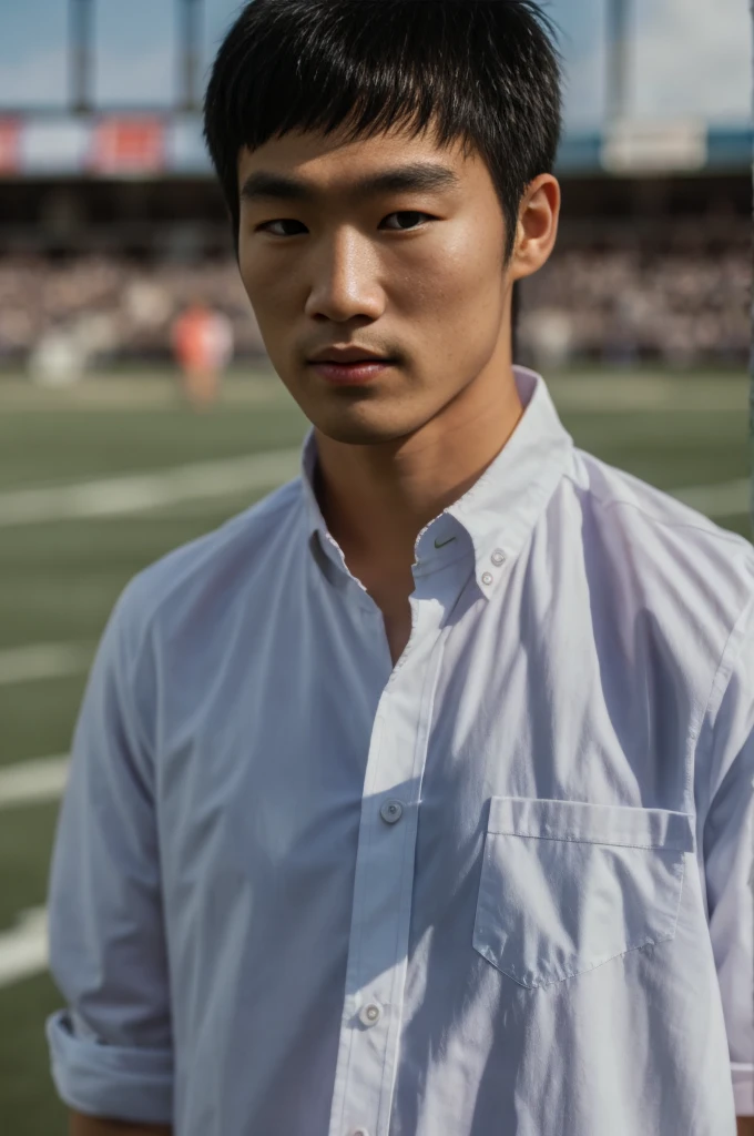 young asian man looking at camera In a white button-down shirt , Fieldside, beach, sunlight, looking at the football field