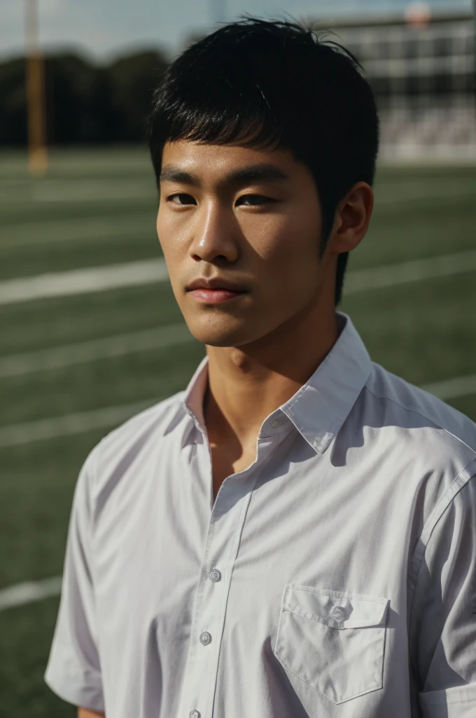 young asian man looking at camera In a white button-down shirt , Fieldside, beach, sunlight, looking at the football field
