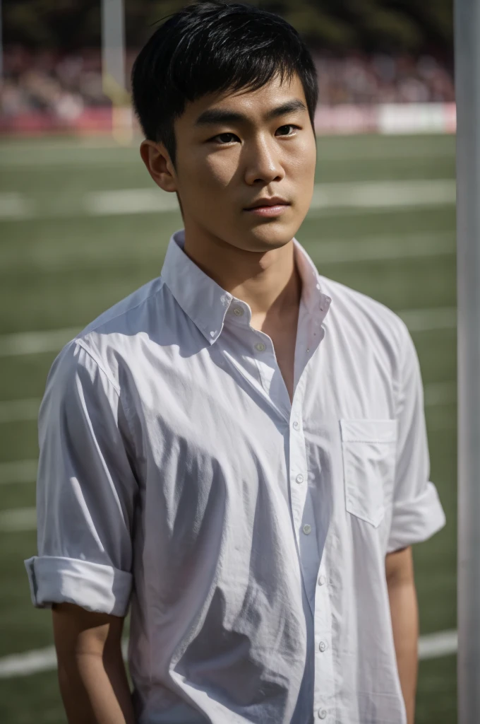 young asian man In a gray polo shirt sitting by the canal with a serious expression, looking into the distance Turn your head slightly.，Cloudy day 