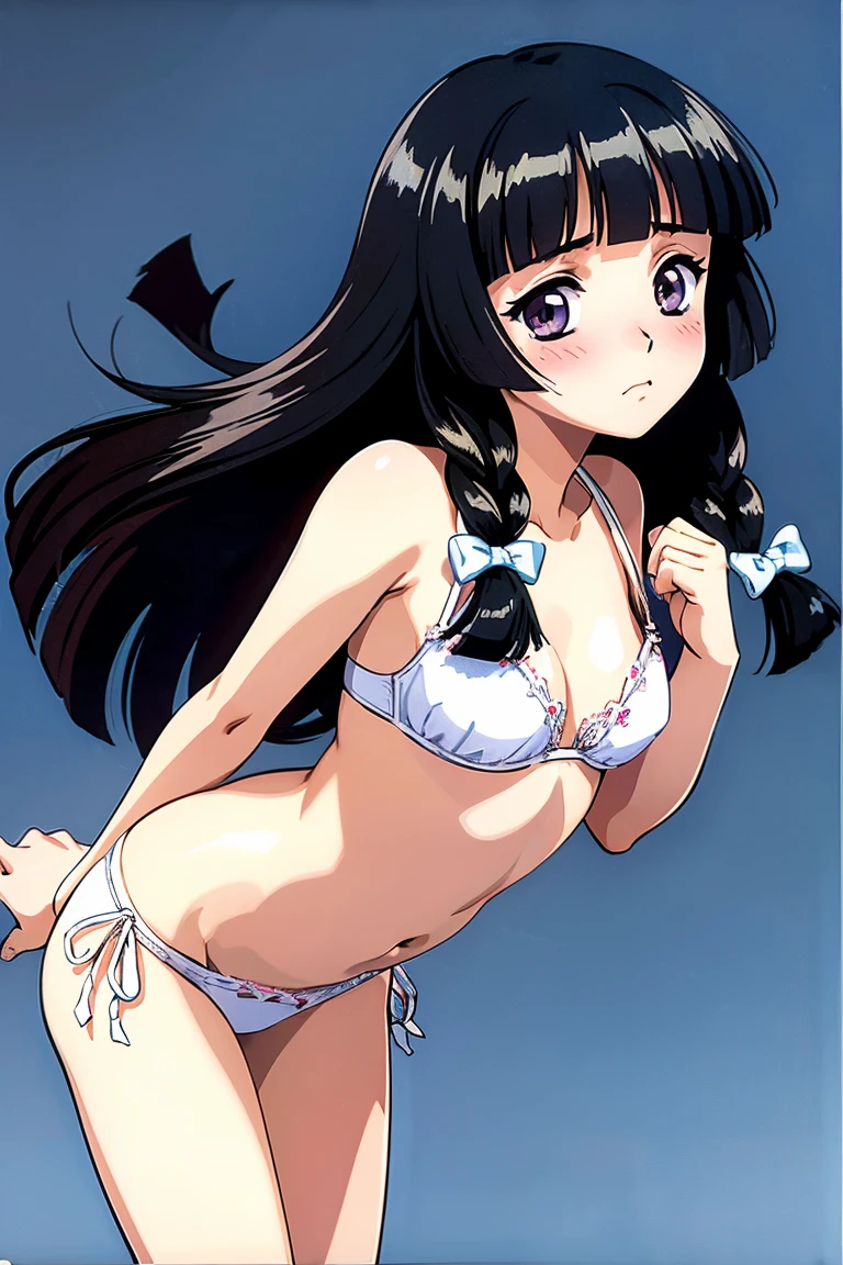 (anime cels style, megami magazine, poster style, best quality, high resolution, sharp image, 8k wallpaper, masterpiece), (beautiful detailed eyes, beautiful detailed face), Chitanda Eru, (black hair, long hair), blush, (huge breasts, underboob), white bikini, (upper body, lying, on back, lie on bed:1.5), simple background, (perfect detailed anatomy, perfect detailed body, perfect arms, perfect fingers, shiny skin)