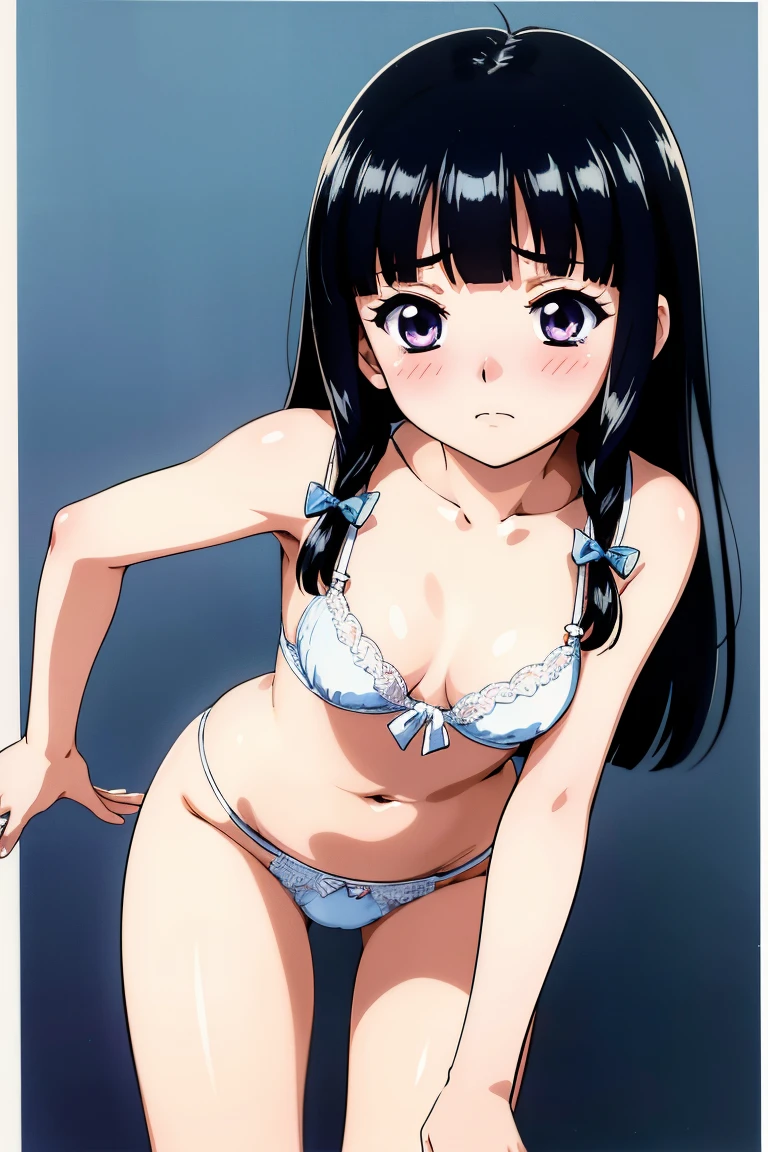 miko kamiyama、Detailed Description、high resolution、One Girl、Slender、Black Hair、long hair、(blush)、Troubled face、White bra、White panties、Leaning forward、Looking up、belly button