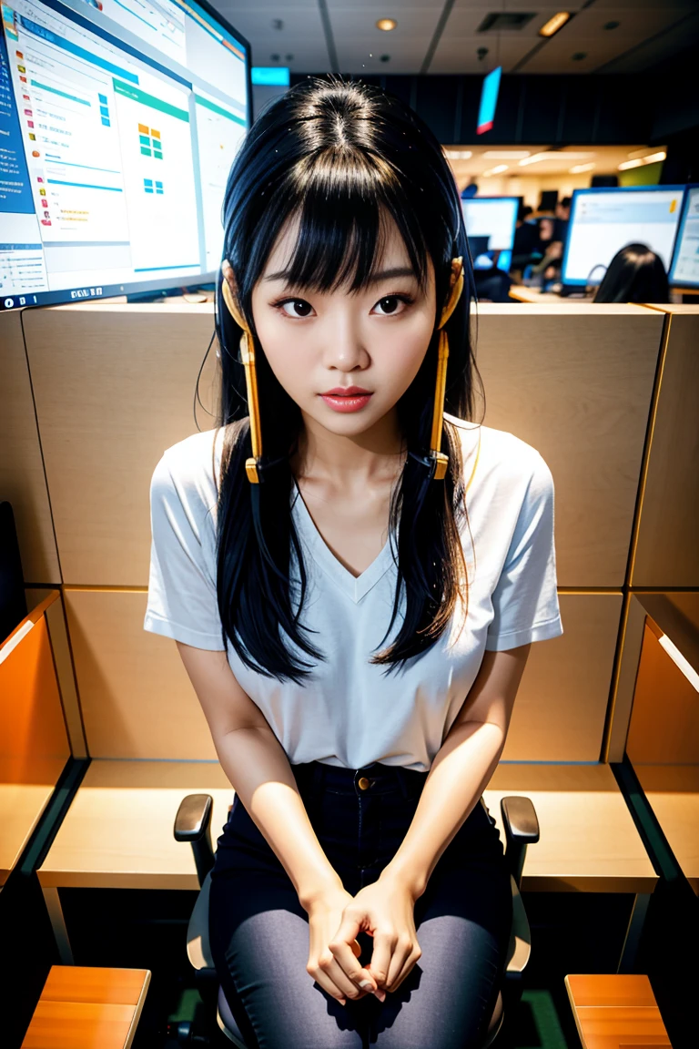 wearing a causal outfit:1.2, Looking at Viewer, half body view, Cinematic lighting, Perfect, softlight, High resolution skin:1.2, Realistic skin texture, 24 years old Asian woman、a small face、no-makeup, long black hair, sitting at a work cubicle with head set on talking to customers