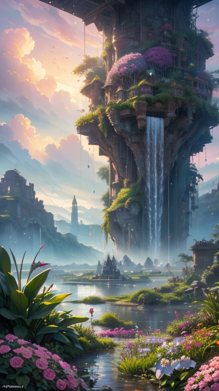 raindrops, art, time, macro, surrounded by beauty, feathers, roses, orchids, flower garden, sand, focus, high detail, art, fantastic, sci-fi, hdr+, feathers, clouds, high detail, panoramic view, painting, high hyper sensitivity, art, hdr+, Viktor Myalkovsky style, sci-fi
