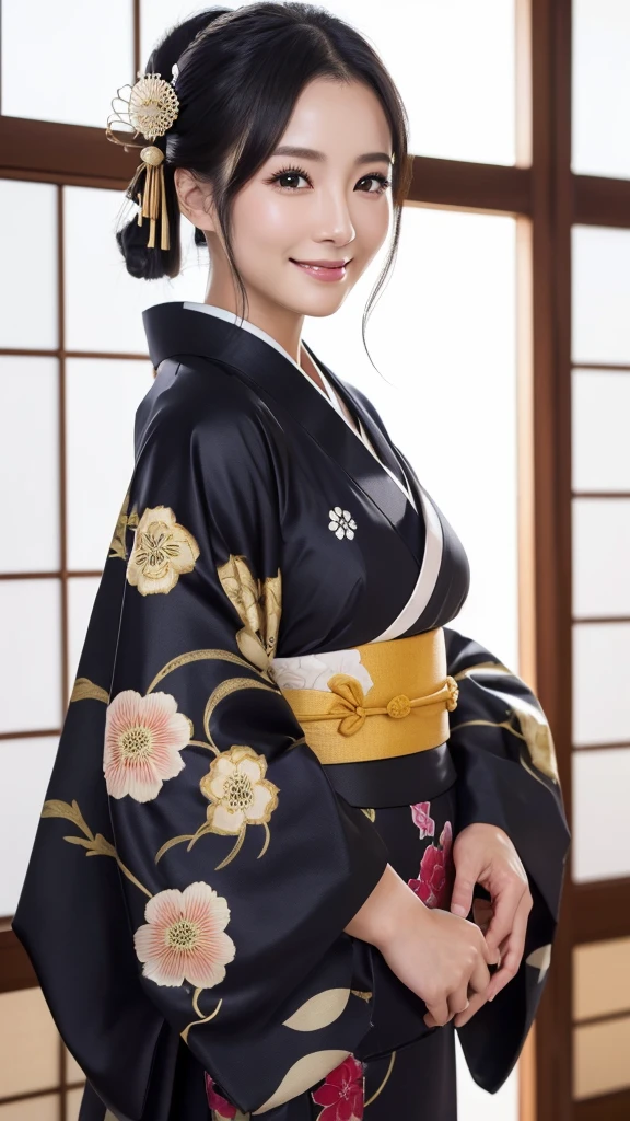 (Super beautiful woman in kimono)、((highest quality、8K masterpiece:1.3))、sharp focus:1.2、(super beautiful face:1.0)、(shiny skin:1.0)、realistic pictures、black hair、video lighting、High resolution eyes and face、video lighting、japanese actress、from the front、with a happy smile、whole body、wearing a kimono、in Kyoto、(luxury obi)、with a fan