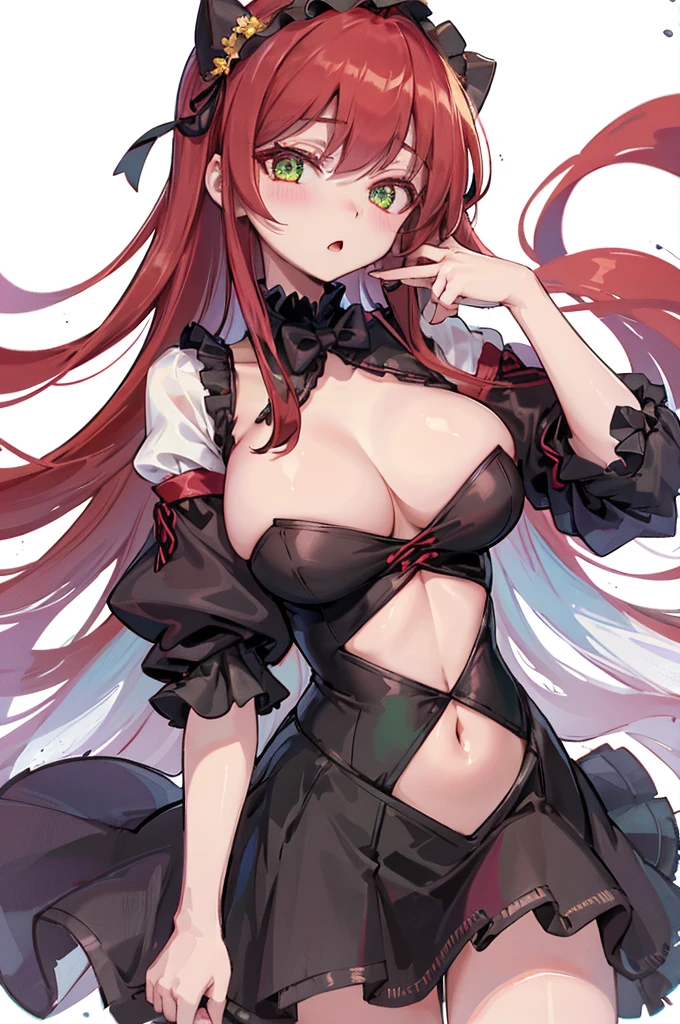 a nude cartoon depiction of a sexy, red haired woman in a maids outfit, 1girl, breasts, solo, green eyes, long hair, looking at viewer, maid headdress, red hair, short sleeves, dress, frills, blush, white background, bow, black dress, simple background, puffy short sleeves, breasts apart, black bow, covered navel, puffy sleeves