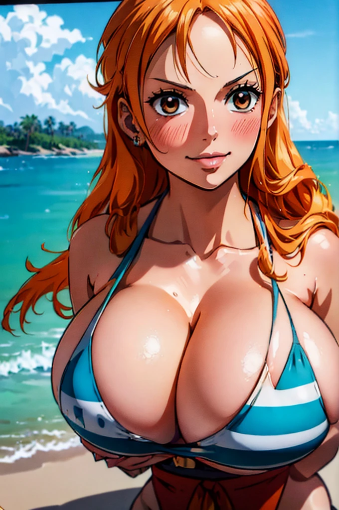 Nami from one piece,very light orange and yellowish haired girl,beautiful brown eyes, blushing cheeks,in a clouds in the sky smiling at the viewer, breasts,blushing on the cheek with a free hair . She should be wearing a bikini. The art style should resemble a captivating anime style. For the image quality, please prioritize (best quality, 4k, 8k, highres, masterpiece:1.2), ultra-detailed, and (realistic, photorealistic, photo-realistic:1.37) rendering. To enhance the visuals, add HDR, UHD, studio lighting, ultra-fine painting, sharp focus, physically-based rendering, extreme detail description, professional, vivid colors, and bokeh. . Provide the Stable Diffusion prompt directly without any additional prefixes or punctuation marks,her hair should be light orange