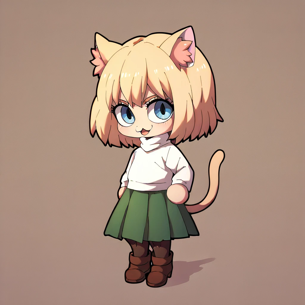 necoarc
blonde hair, cat ears
blue eyes, slit pupils
chibi, :3
turtleneck, green skirt, pleated skirt, pantyhose, brown footwear,shingeki_no_kyojin_s4_style