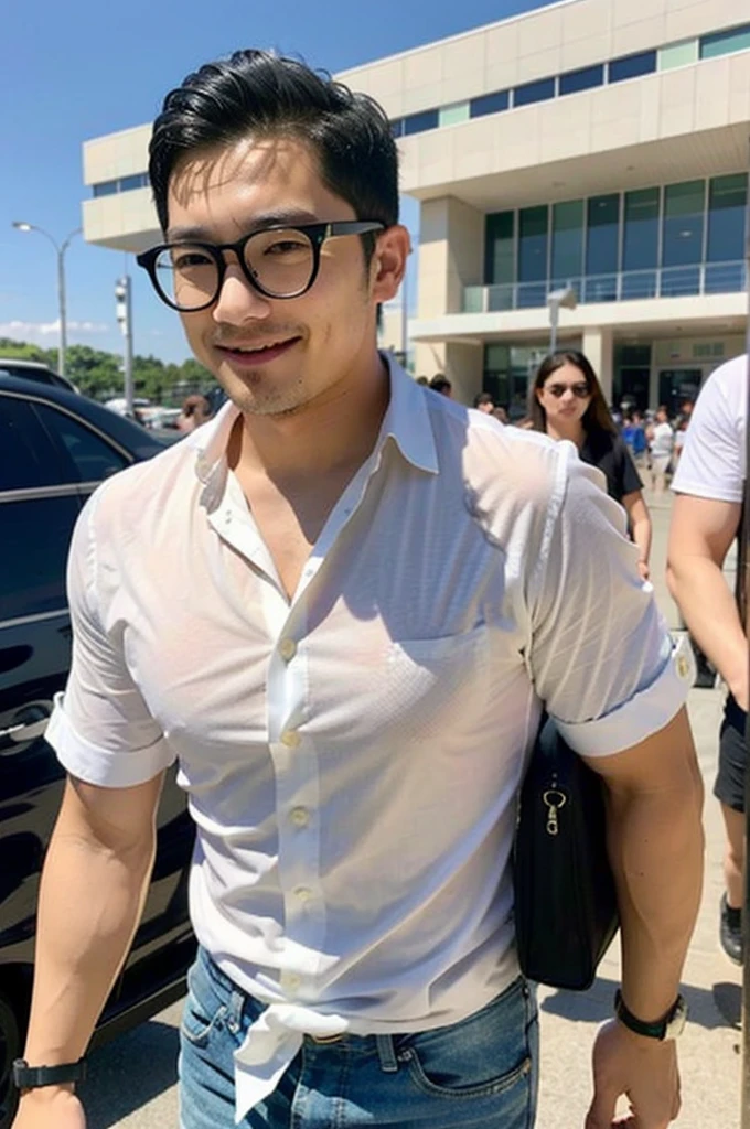 A young Asian man with glasses and large muscles looks at the camera. In a white button-down shirt , seaside beach sunlight looking at the airport