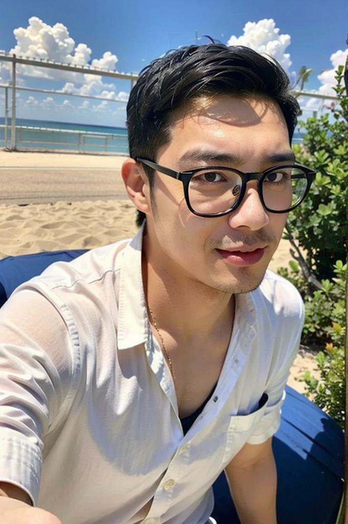 A young Asian man with glasses and large muscles looks at the camera. In a white button-down shirt , seaside beach sunlight looking at the airport