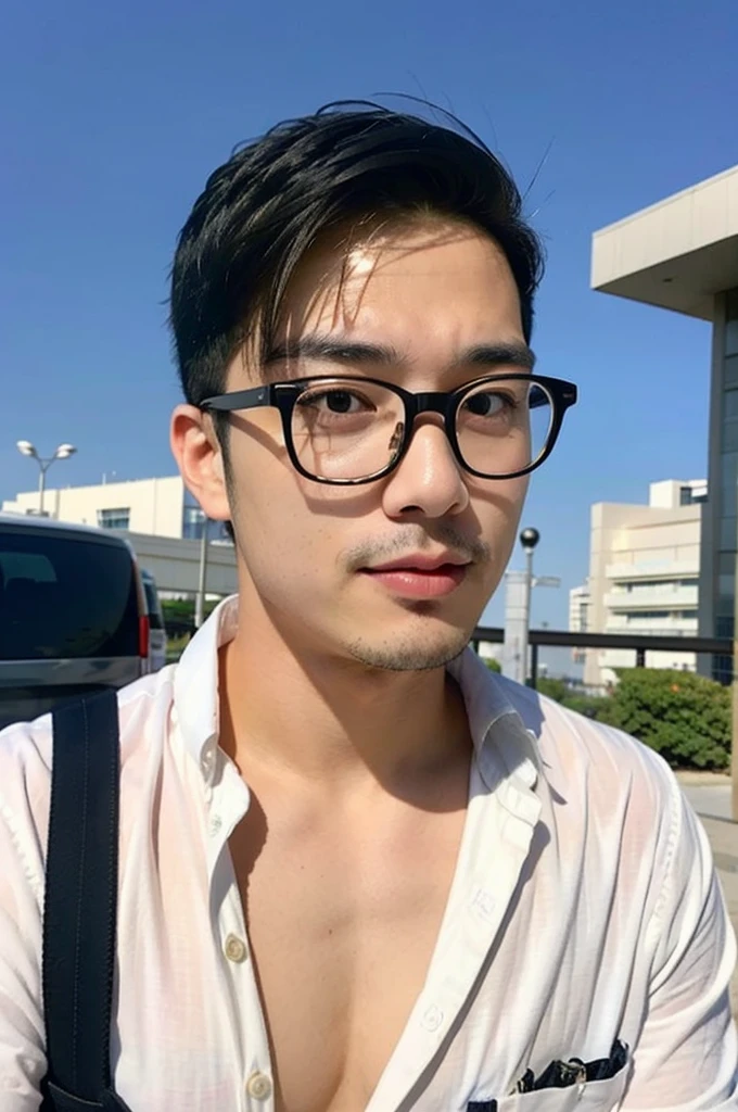 A young Asian man with glasses and large muscles looks at the camera. In a white button-down shirt , seaside beach sunlight looking at the airport
